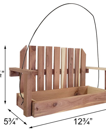 the cedar swing bird feeder against a white background with numbers marking the measurements - 12.75 inches wide, 7.5 inches tall, 5.75 inches deep