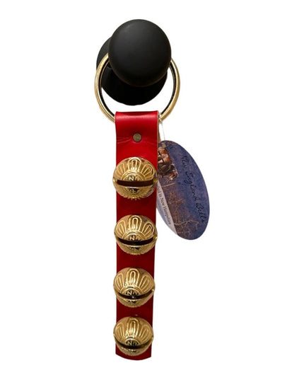 4 brass bells on a red leather strap - 12.5" in length