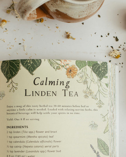 interior page of the botanical teas book open to the "Calming Linden Tea" recipe page