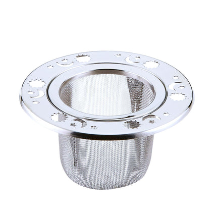 stainless steel mesh tea strainer with stamped sun, moon, and stars pattern around the rim