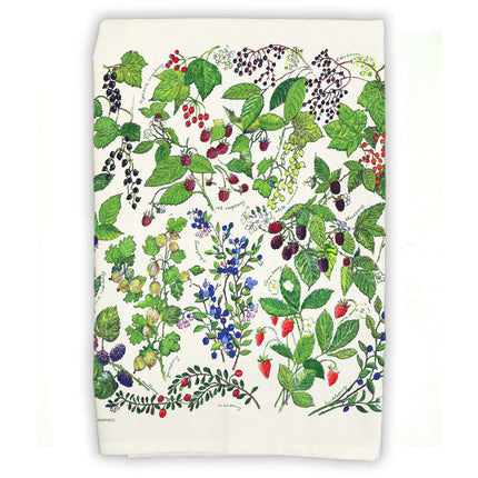 a tea towel folded to display the vibrant artwork of various wild berries including blueberries, raspberries, strawberries, cranberries, blackberries, and more