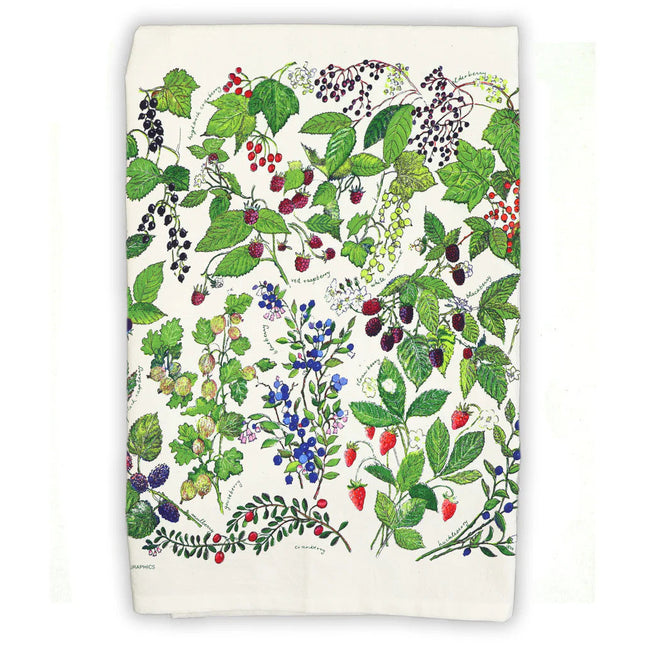 a tea towel folded to display the vibrant artwork of various wild berries including blueberries, raspberries, strawberries, cranberries, blackberries, and more