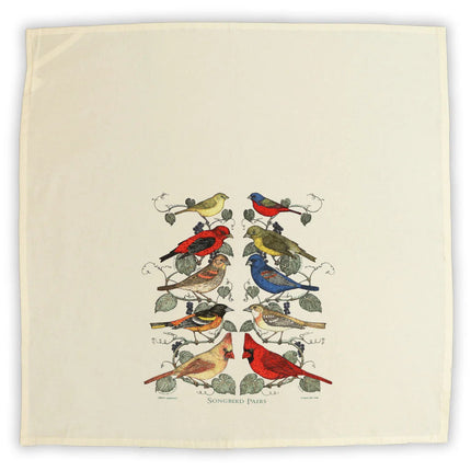the unfolded songbird pairs tea towel showing how the design is printed to the bottom center of the towel