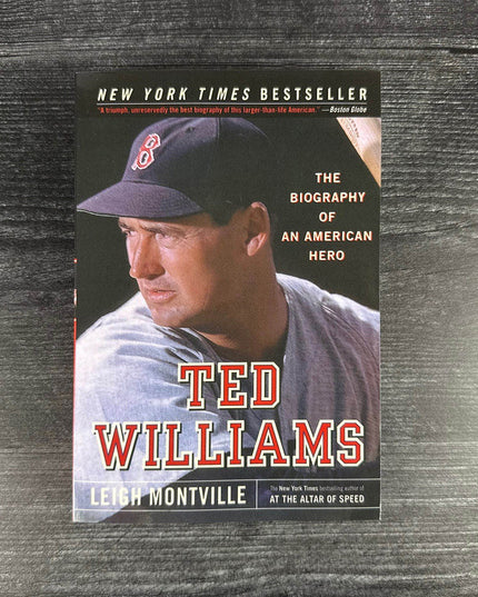 Book cover of 'Ted Williams' by Leigh Montville on a wooden surface