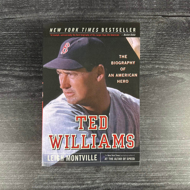 Book cover of 'Ted Williams' by Leigh Montville on a wooden surface