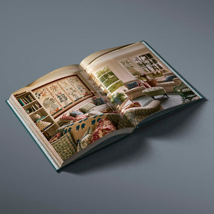 Open book showing a decorated living room with furniture and decor.