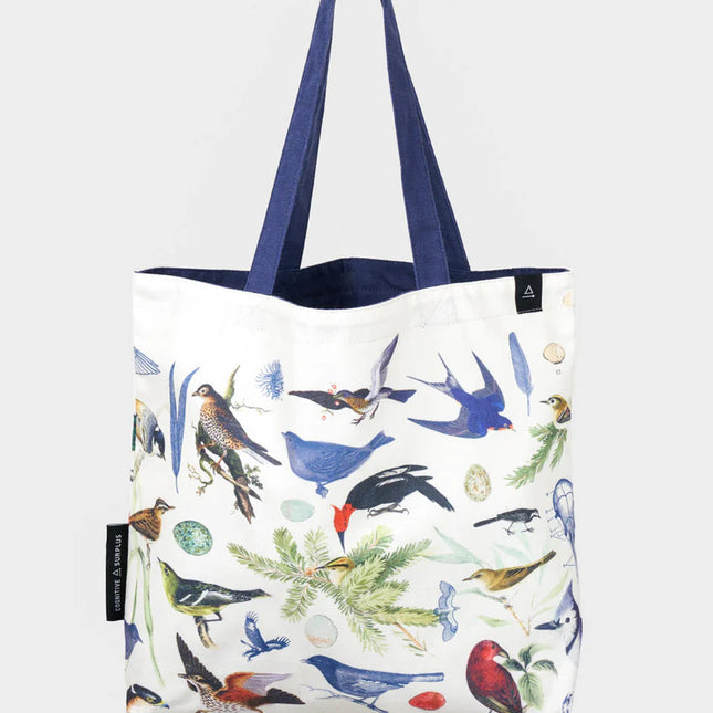 side 1 of the feathered friends tote featuring a range of birds in an academic illustration style on a white tote