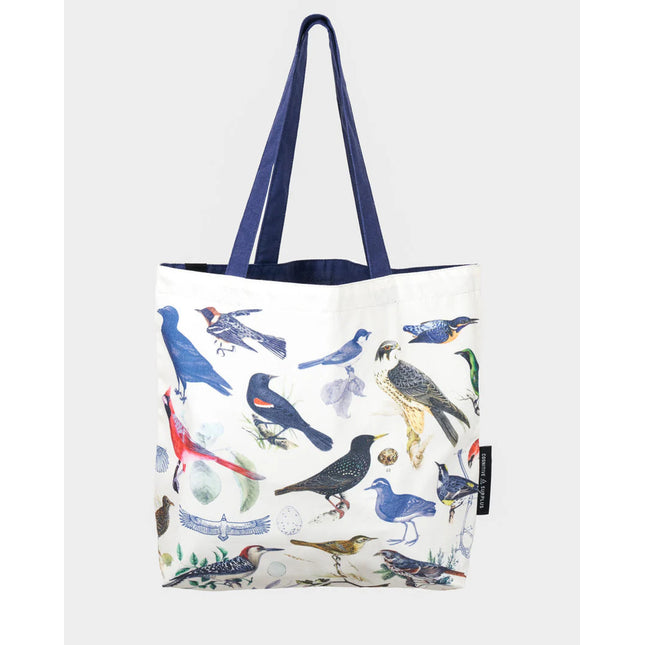 side 2 of the feathered friends tote featuring a range of birds in an academic illustration style on a white tote
