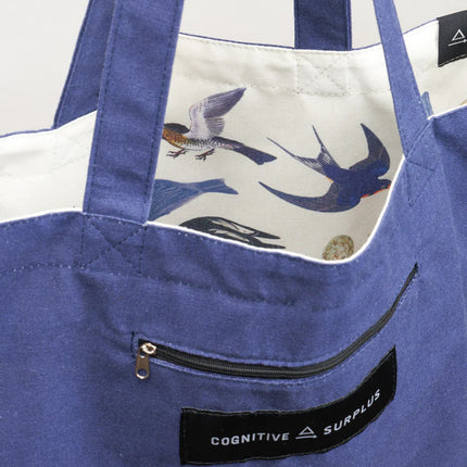 a close up of the tote near the handles showing the bag reversed so the bird print is on the inside of the tote and the outside is now a royal blue