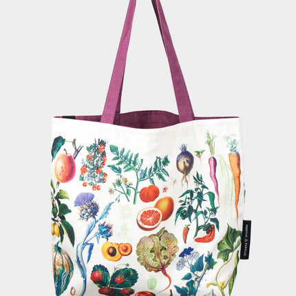 side two  of the farmer's market tote; a white tote bag with lavender straps covered in vintage illustrations of fruits and veggies