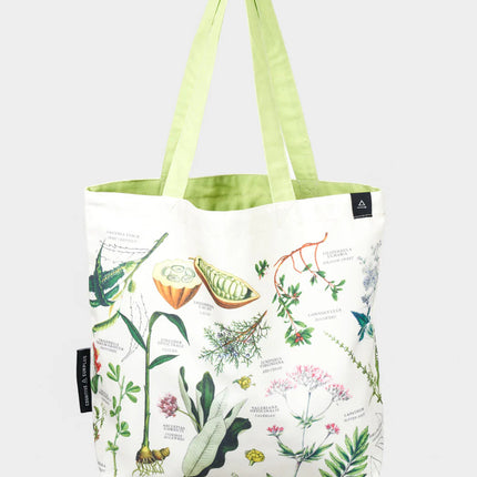 the medicinal botany canvas tote bag featuring illustrations of pharmacological plants with a pale green strap