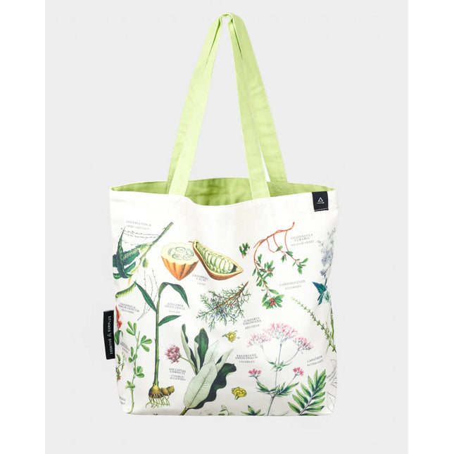 the medicinal botany canvas tote bag featuring illustrations of pharmacological plants with a pale green strap