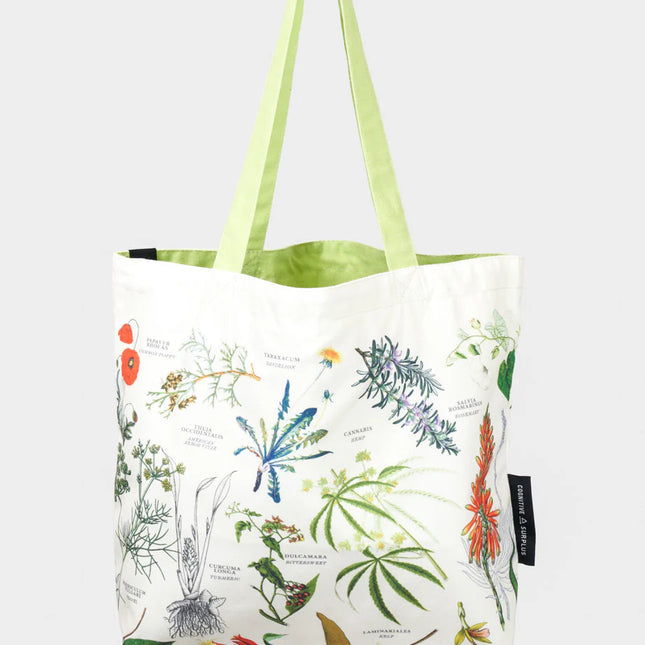 the other side of the medicinal botany canvas tote bag featuring more illustrations of pharmacological plants with a pale green strap