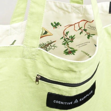 the medicinal botany tote bag on the reverse side showing the pale green lining on the exterior of the bag with the plant prints on the inside