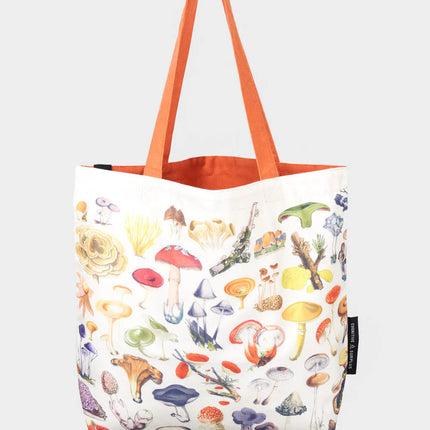 side two of the woodland mushrooms tote; a white tote bag with orange straps covered in vintage illustrations of woodland mushrooms