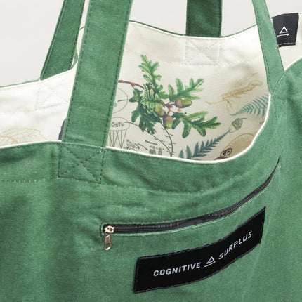 a close up of the tote near the handles showing the bag reversed so the forest print is on the inside of the tote and the outside is now a forest green