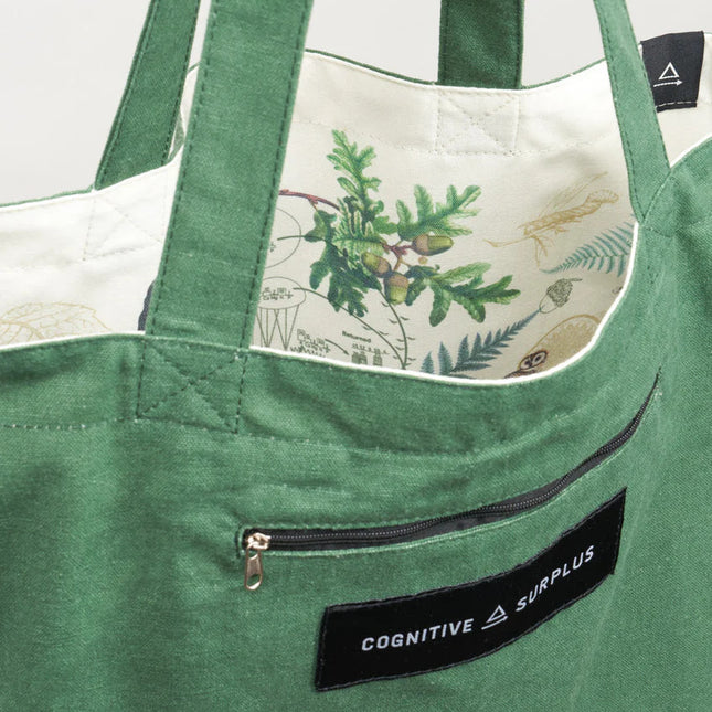 a close up of the tote near the handles showing the bag reversed so the forest print is on the inside of the tote and the outside is now a forest green