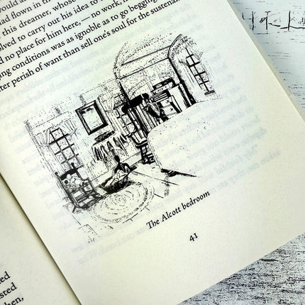 Illustration of a bedroom on an open book page