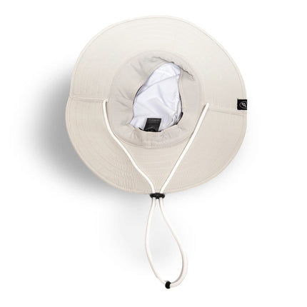 the underside of the venture sun hat showing the adjustable chin string and lightweight fabric inside the hat to keep your head cool