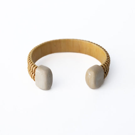 woven wooden bracelet cuff with bone white caps