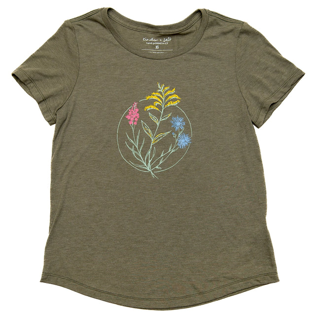 Green t-shirt with floral design on a white background