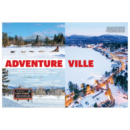 Winter scene with snow-covered landscape and mountains, featuring a sign for 'Adventure Ville' and 'Lake Placid'.