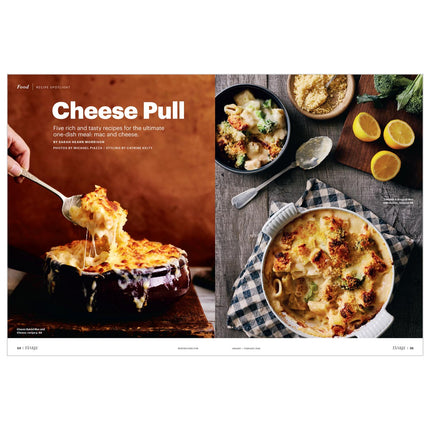 Magazine spread featuring cheese pull recipe with images of macaroni and cheese dishes.