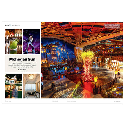 Glimpse of a magazine layout featuring a vibrant interior of Mohegan Sun with text and images.