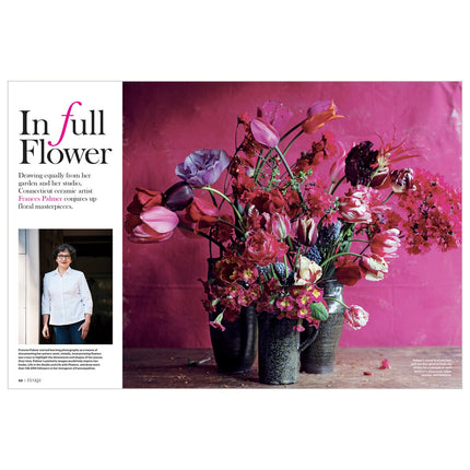 Magazine layout with a floral arrangement and a person on a pink background