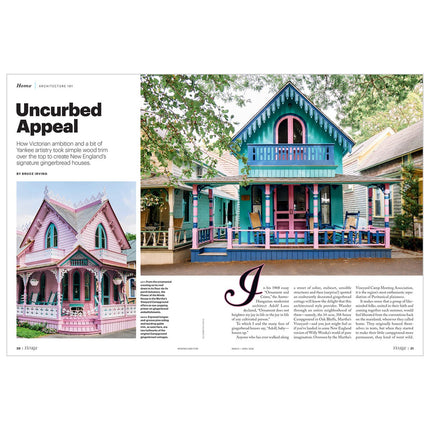 Colorful Victorian-style house with a pink front porch on a magazine page.