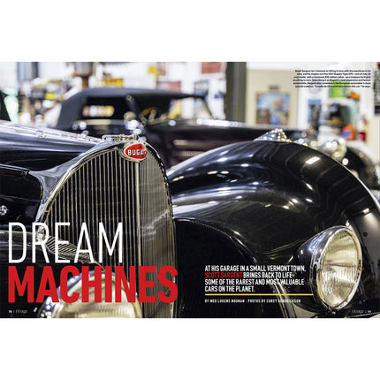 Vintage Bugatti car with 'Dream Machines' text in a magazine layout