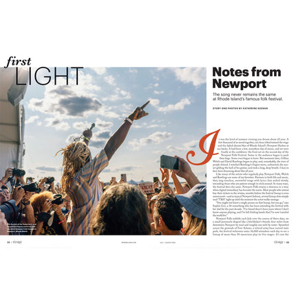 Magazine layout with a person at a concert and text about Newport.