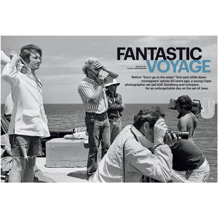 Black and white photo of the Jaws film set with people on a boat, with title text 'Fantastic Voyage'.