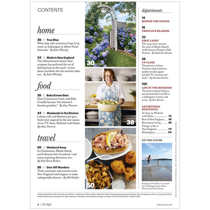Magazine table of contents with articles on home, food, and travel.