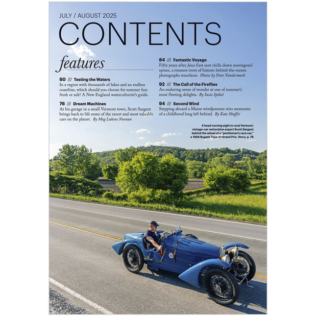 Magazine table of contents with a blue vintage car on a road, featuring a scenic landscape.