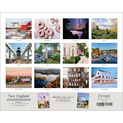 New England themed 12-month calendar page from Yankee, featuring a grid of 12 square monthly photographs from Cape Cod and coastal New England landscapes, with house, lighthouse, flowers, lakes, and donut images. The bottom section includes magazine cover previews and a barcode.
