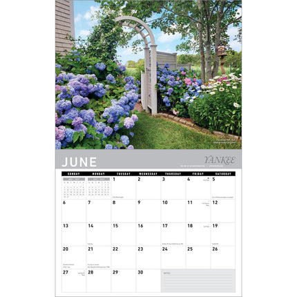 A single-page calendar spread showing a June calendar grid below a large garden photograph with purple hydrangeas, a white arched trellis, green grass, and trees. The brand name Yankee is visible on the calendar page.