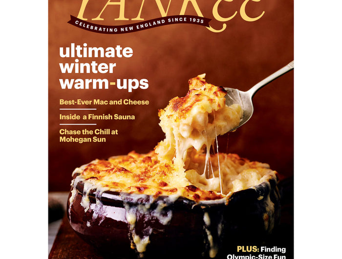 Yankee magazine cover featuring mac and cheese with a spoon, titled 'Ultimate Winter Warm-ups'.
