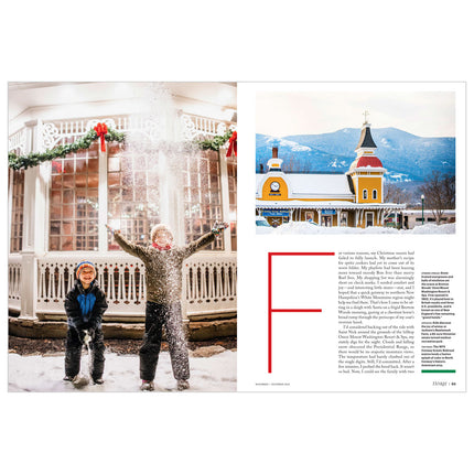 Magazine layout with two winter scenes: children playing in the snow on a porch and a snowy village with mountains.