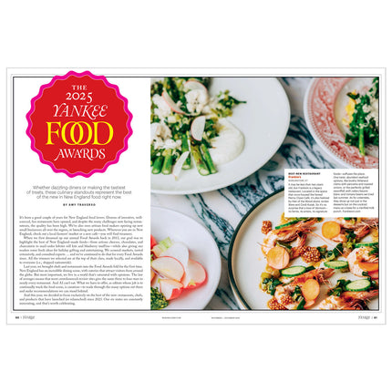 Magazine page featuring 2025 Yankee Food Awards with food images and text.