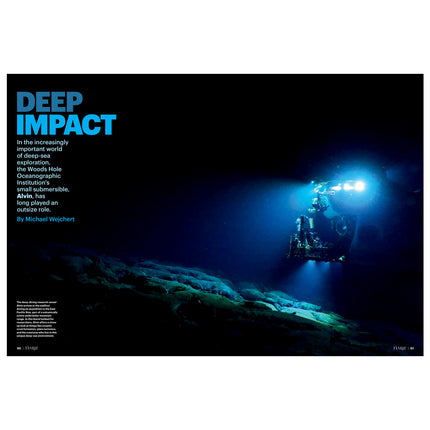 Underwater scene with a submersible and text about 'Deep Impact' on a dark deep sea background
