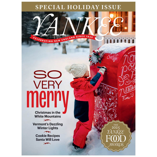 Yankee magazine cover featuring a child in winter clothing with a decorated mailbox.