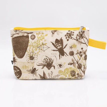 side two of a white canvas zipper pouch with vintage illustrations and scientific diagrams of honey bees