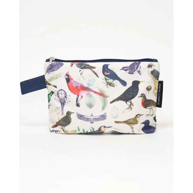 a white canvas zipper pouch with vintage illustrations of various birds all over. the pouch has a navy blue strap for easy carrying