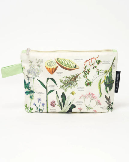 a white canvas zipper pouch with vintage illustrations and scientific diagrams of medicinal plants. the pouch has a spring green strap for easy carrying