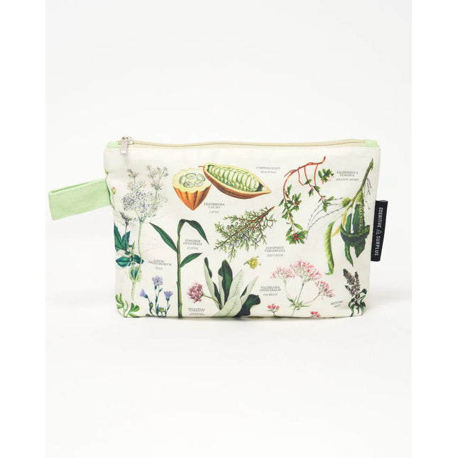 a white canvas zipper pouch with vintage illustrations and scientific diagrams of medicinal plants. the pouch has a spring green strap for easy carrying