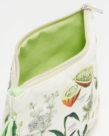 a close up of the medicinal botany zipper pouch showing the pouch unzipped revealing the solid spring green lining
