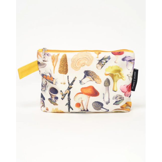 side one of a white canvas zipper pouch with vintage illustrations of woodland mushrooms. the pouch has a goldenrod yellow strap for easy carrying