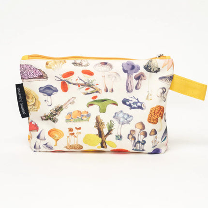 side two of a white canvas zipper pouch with vintage illustrations of woodland mushrooms. the pouch has a goldenrod yellow strap for easy carrying