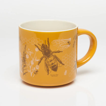 the other side of the goldenrod yellow coffee mug with vintage illustrations and scientific diagrams of honey bees
